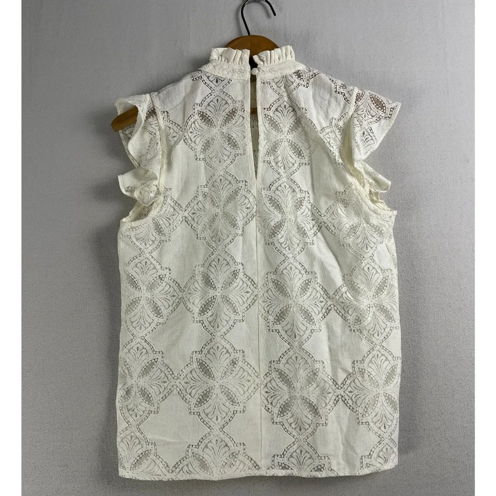 Ivory‎ Lace Ruffle Mock Neck Sleeveless Blouse XS Pleated Boho Top - Picture 3 of 7